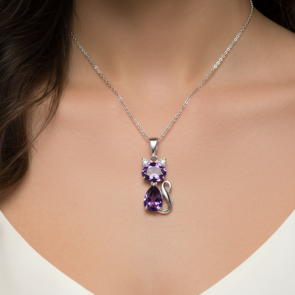 Necklace with a cat-shaped pendant featuring purple gemstones on a model.