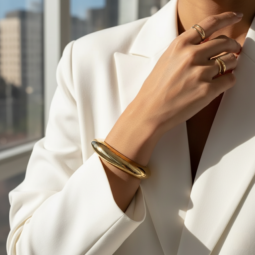 Person wearing a gold bangel and rings with a blurred cityscape background