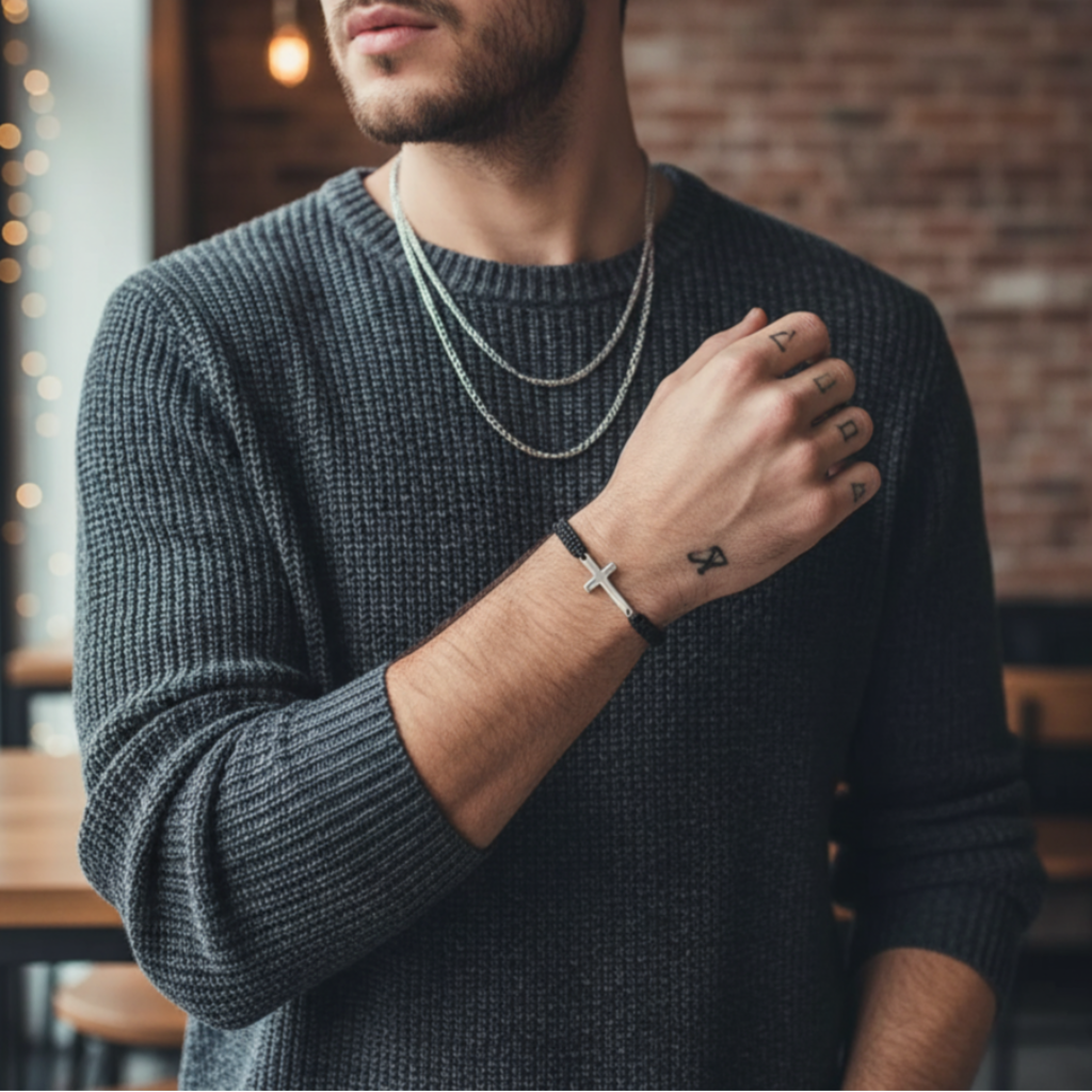 Man wearing a Black braided bracelet with a silver cross charm with tattoos on his arm in a casual setting