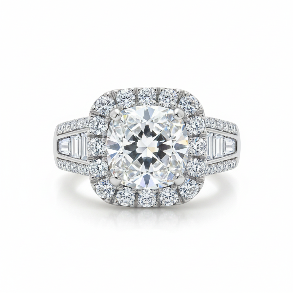 Diamond ring with a central gemstone and halo on a white background