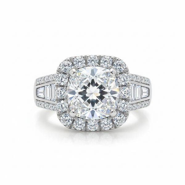 Diamond ring with a central gemstone and halo on a white background