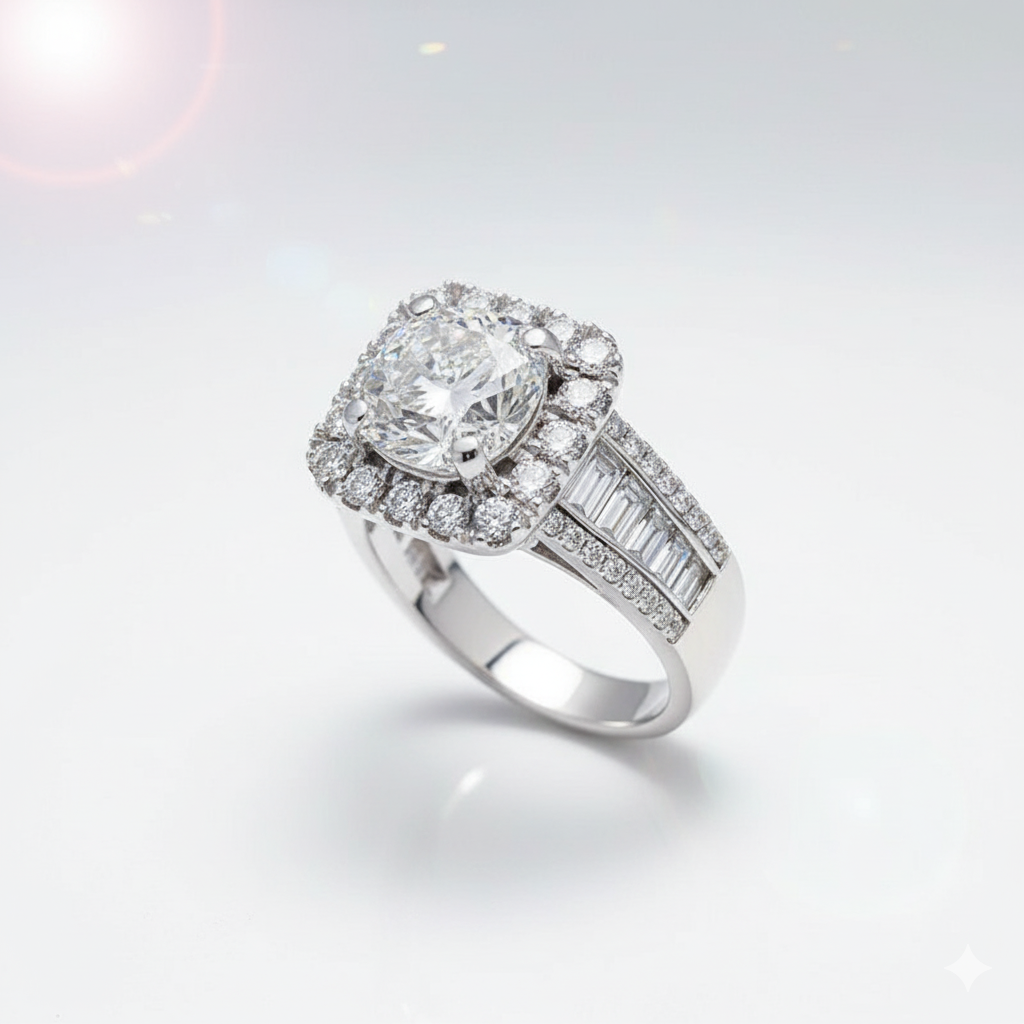 Diamond ring with a halo and side stones on a light gray background