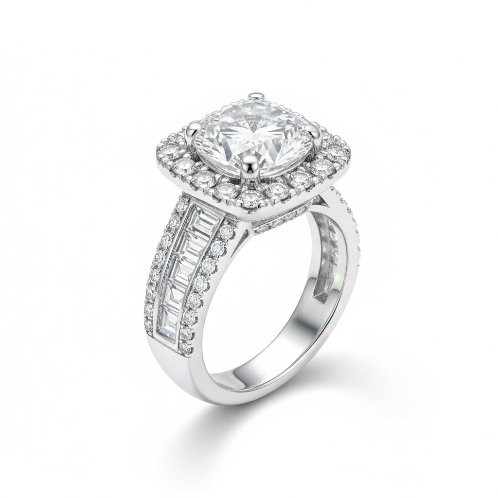 Diamond ring with a central gemstone and halo on a white background