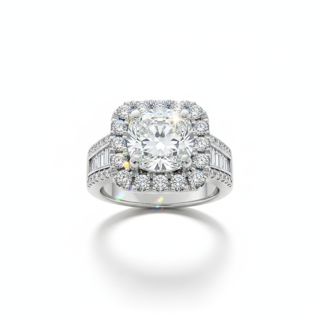 Diamond ring with a large central gemstone and smaller stones on a white background