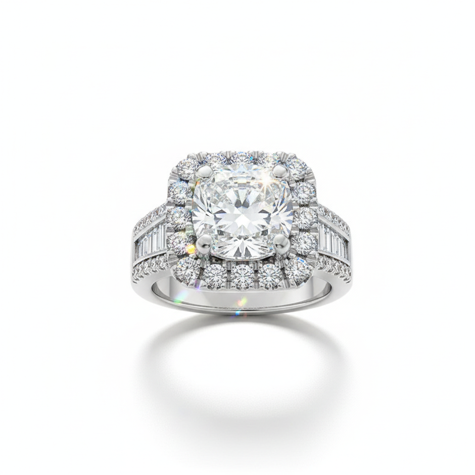 Diamond ring with a large central gemstone and smaller stones on a white background