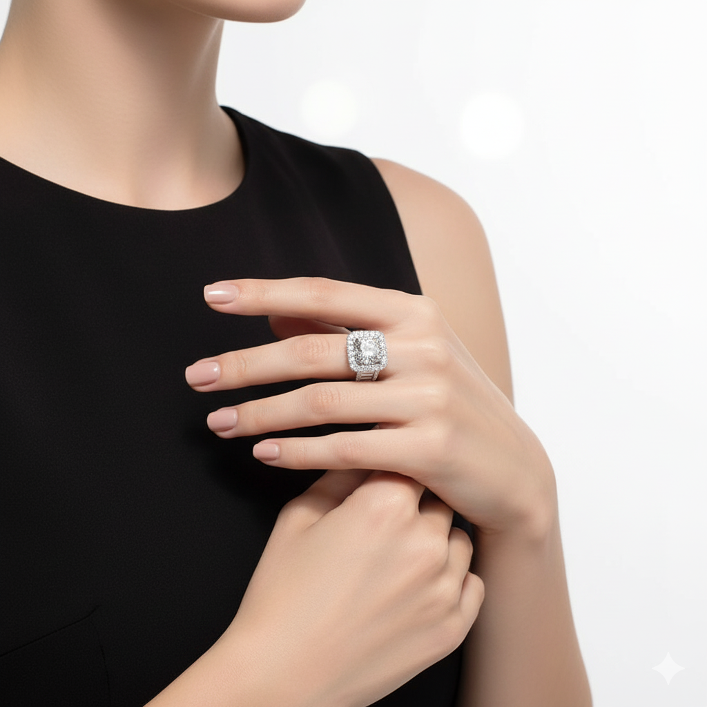 Close-up of a hand wearing a silver ring with a large diamond on a plain background