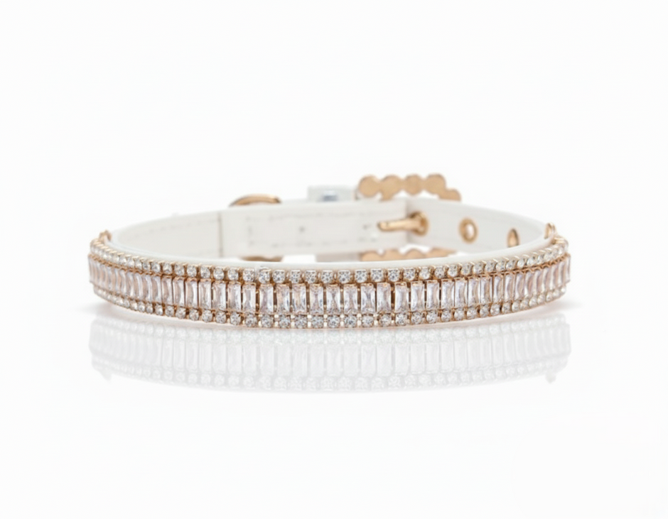 Dog collar with rose gold accents on a white background