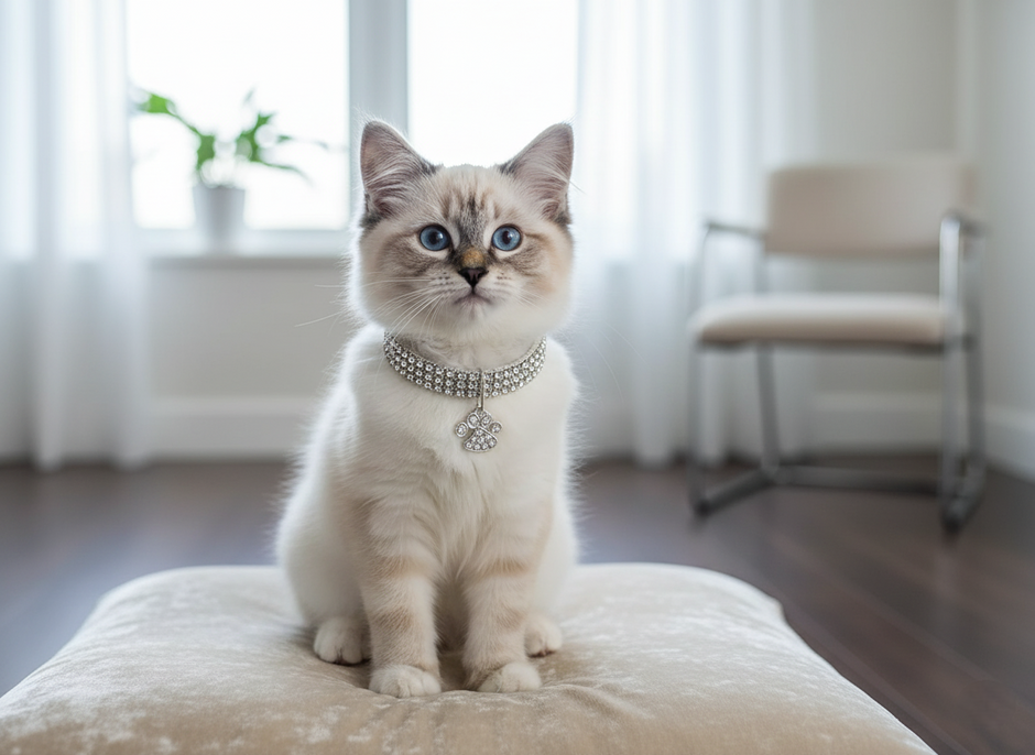 Cat wearing a decorative collar sitting on a cushion in a room with curtains and a chair.