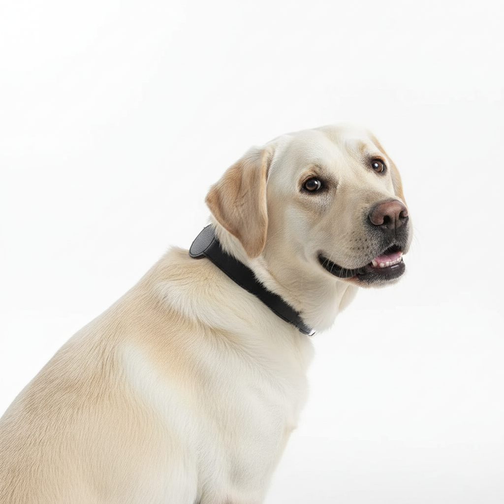 A dog wearing a black collar on a white background