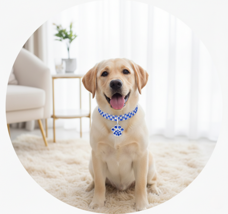 Dog wearing a blue collar with paw designs sitting on a carpeted floor.