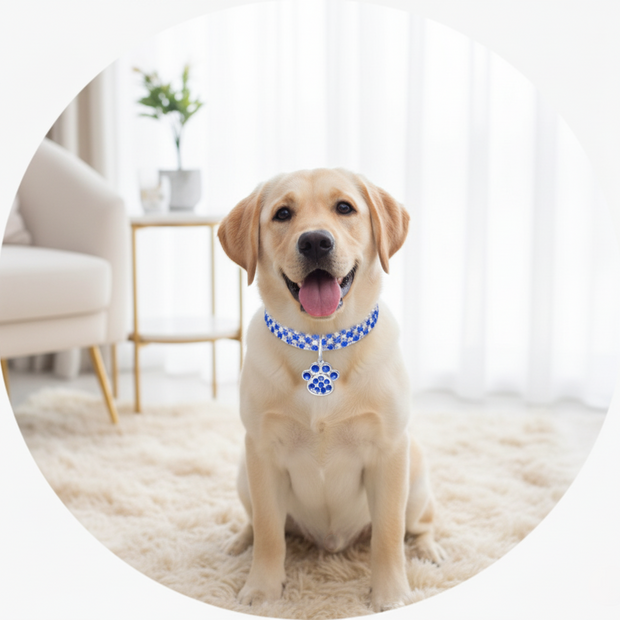 Dog wearing a blue collar with paw designs sitting on a carpeted floor.