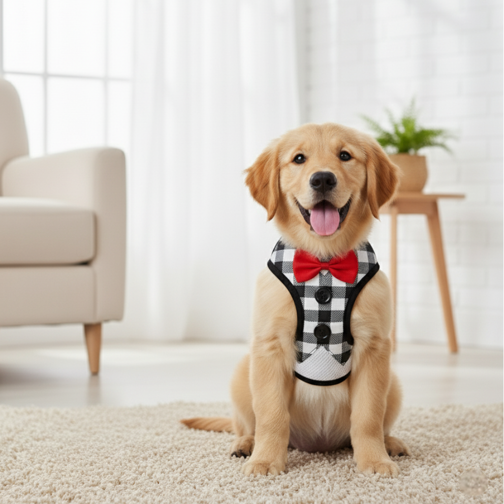 Dog wearing a checkered harness and red bow tie sitting on a carpeted floor.