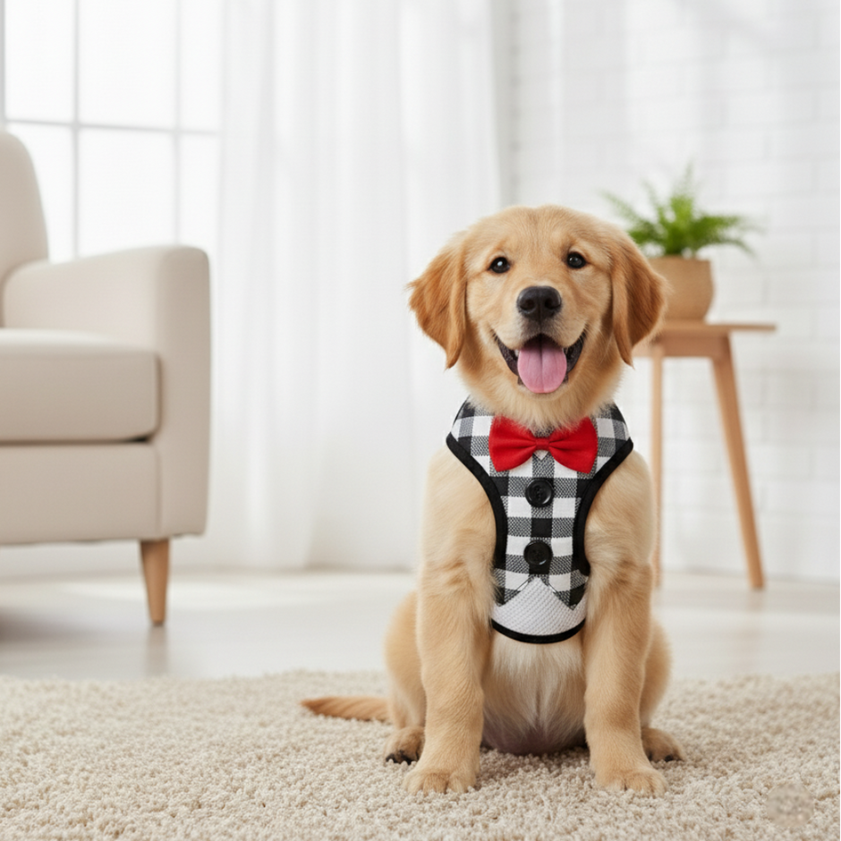 Dog wearing a checkered harness and red bow tie sitting on a carpeted floor.