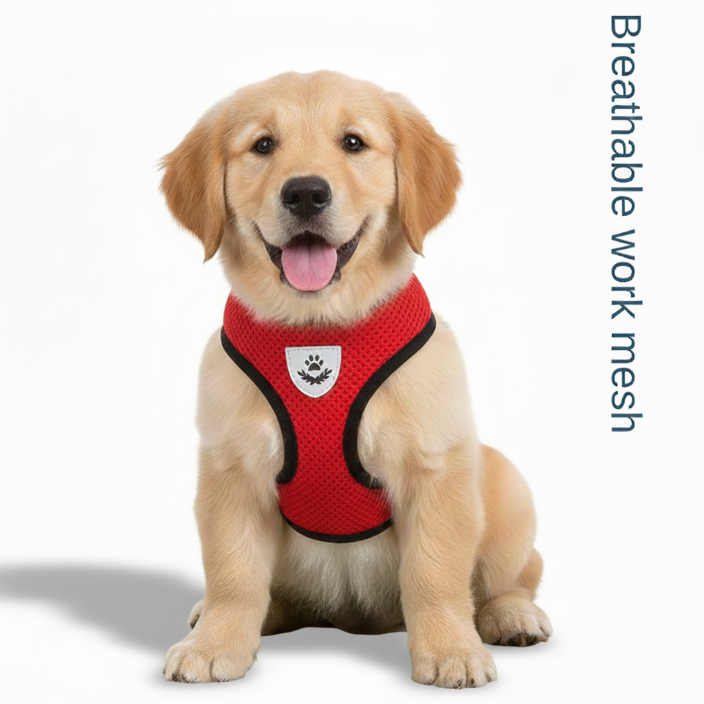 Dog wearing a red harness with a white background
