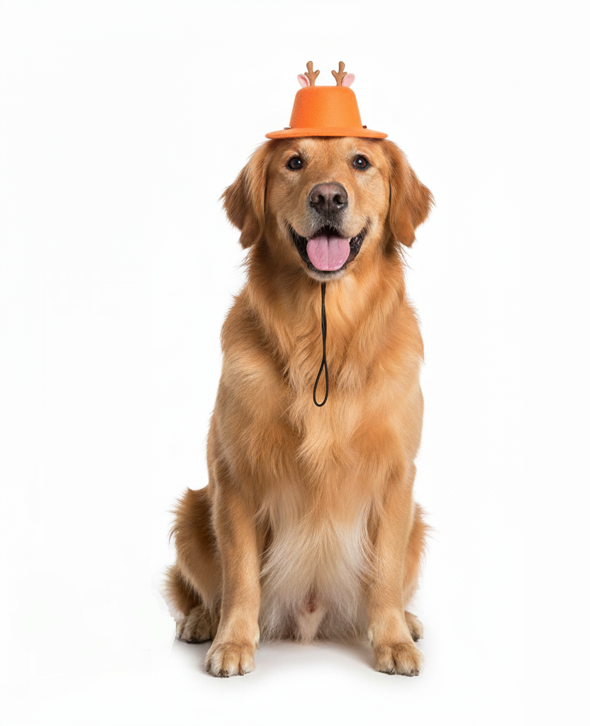 Dog wearing an orange hat with antlers on a white background