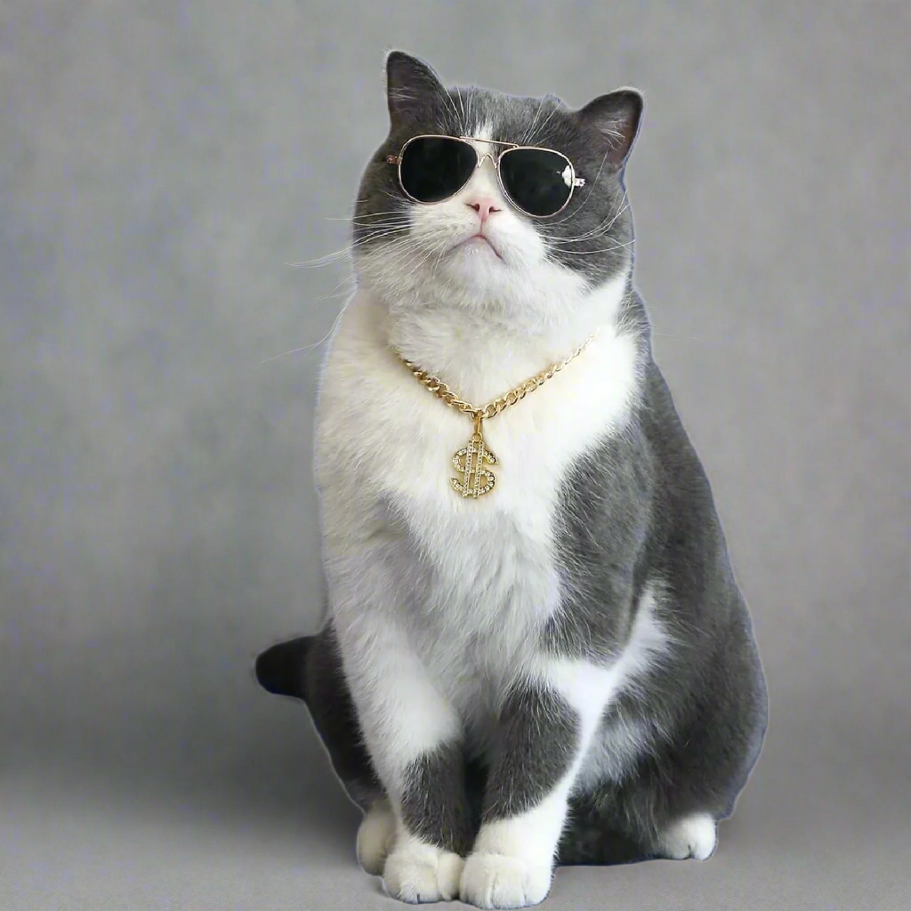 Cat wearing sunglasses and a gold necklace on a gray background