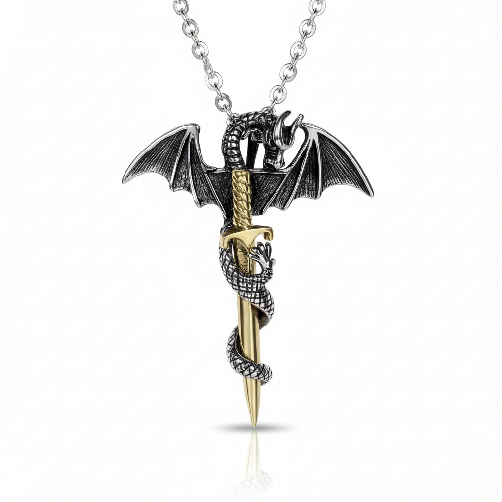 Dragon necklace with a sword pendant on a white background