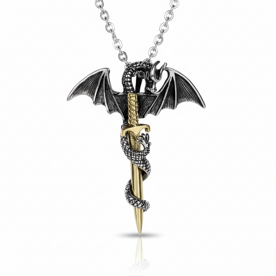 Dragon necklace with a sword pendant on a white background