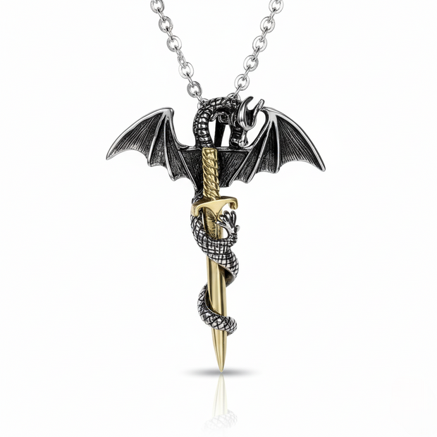 Dragon necklace with a sword pendant on a white background