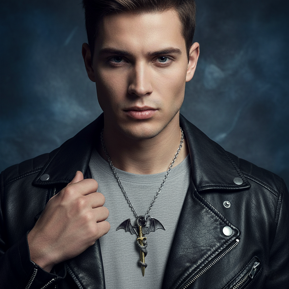 Man wearing a black leather jacket with a detailed necklace against a dark background