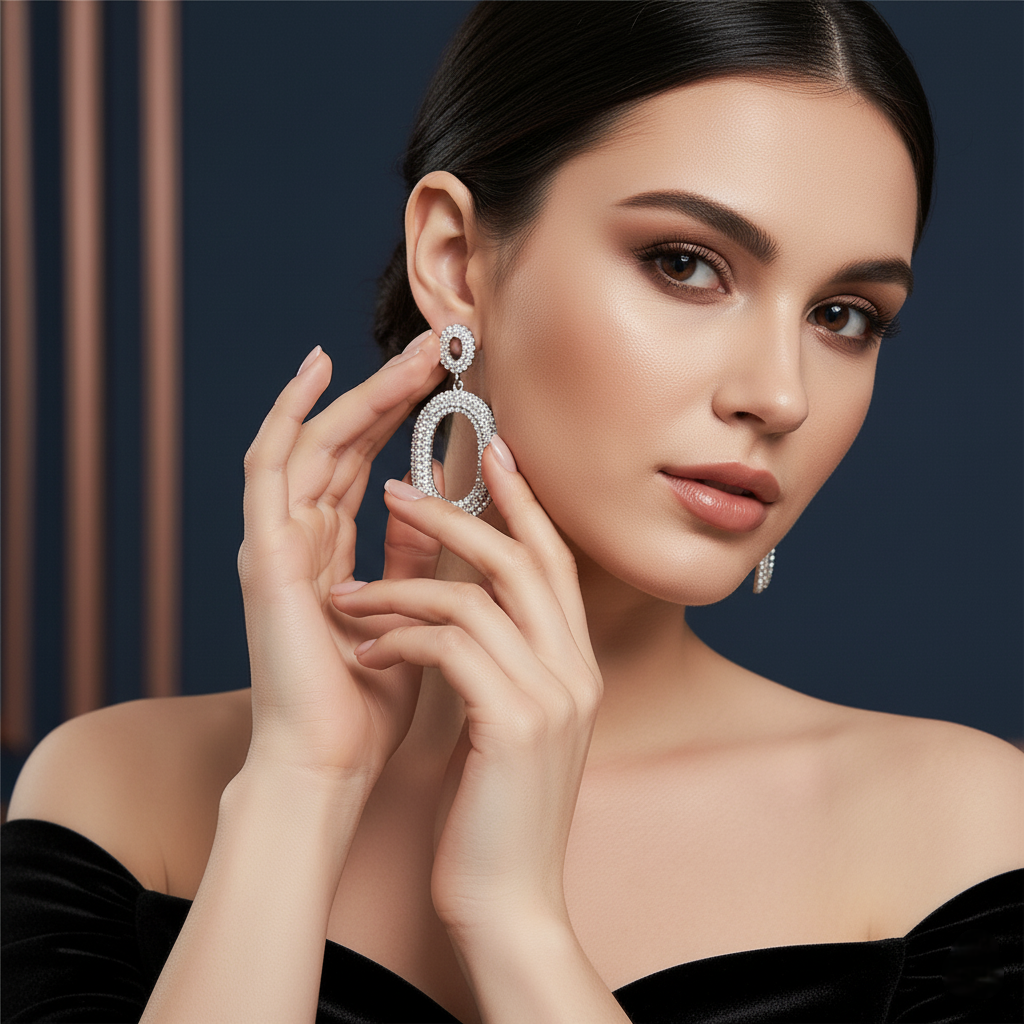 A woman wearing elegant earrings with a dark background