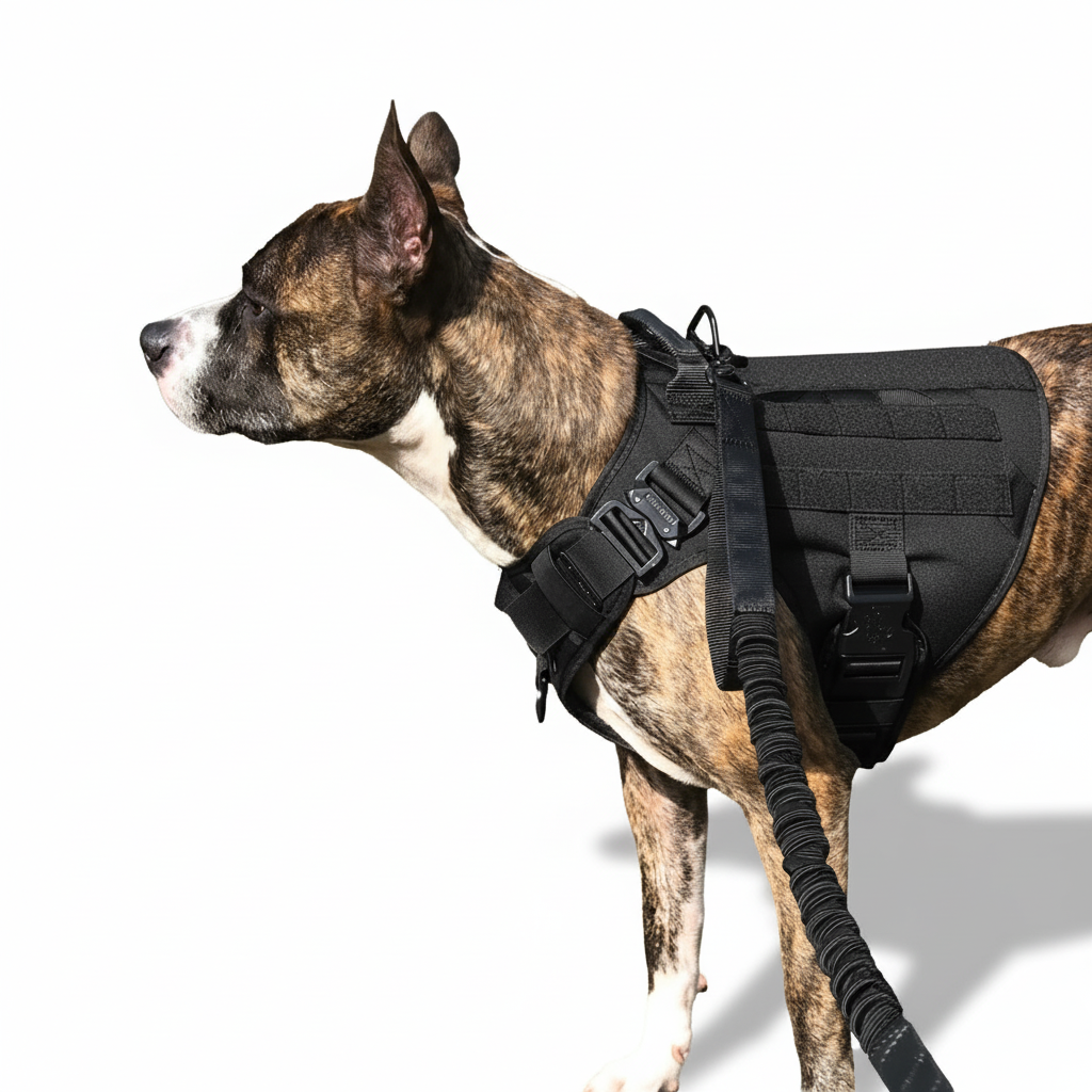A dog wearing a black tactical vest on a white background