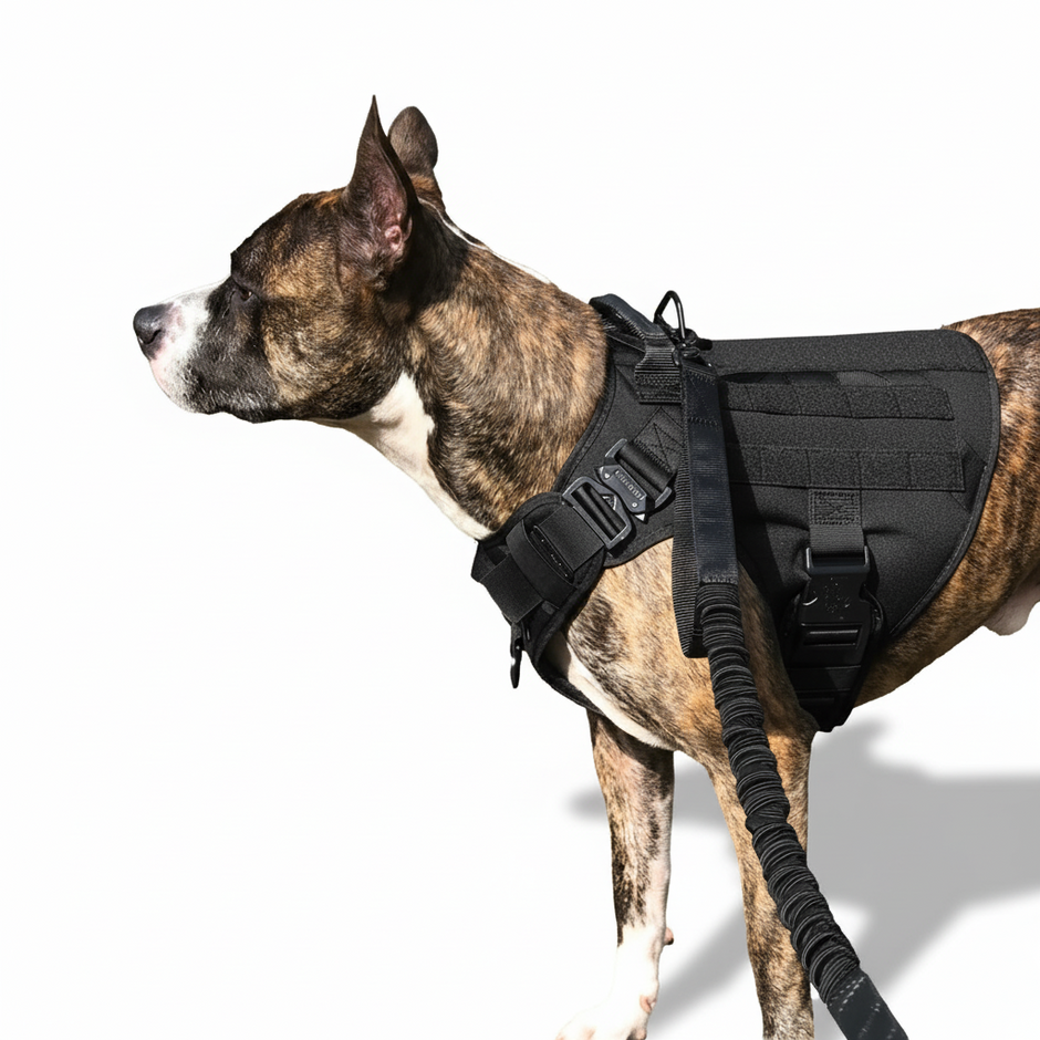 A dog wearing a black tactical vest on a white background