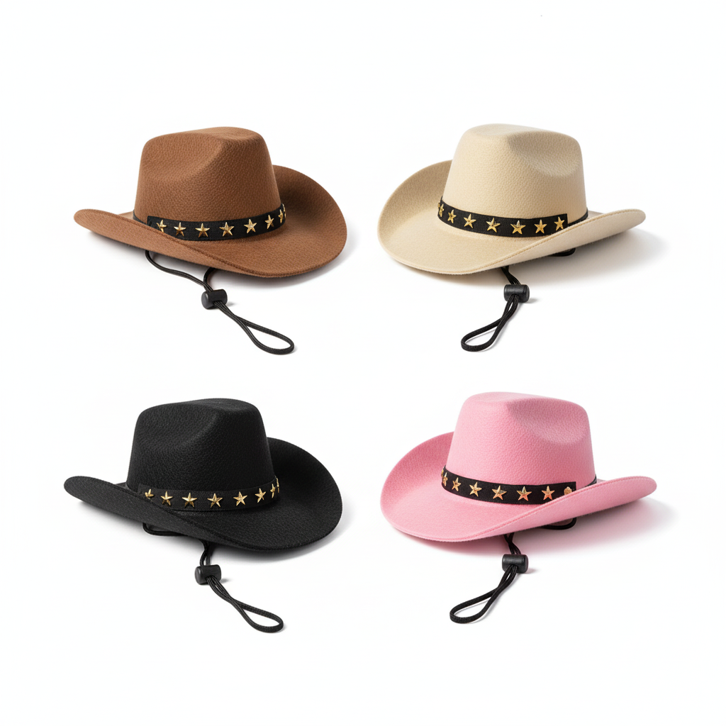 Four cowboy pet hats in brown, beige, black, and pink with star-patterned bands on a white background.