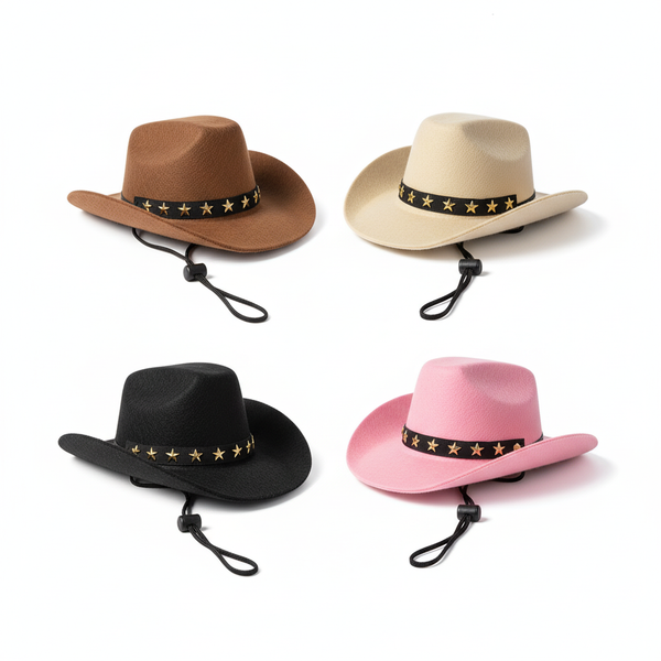 Four cowboy pet hats in brown, beige, black, and pink with star-patterned bands on a white background.