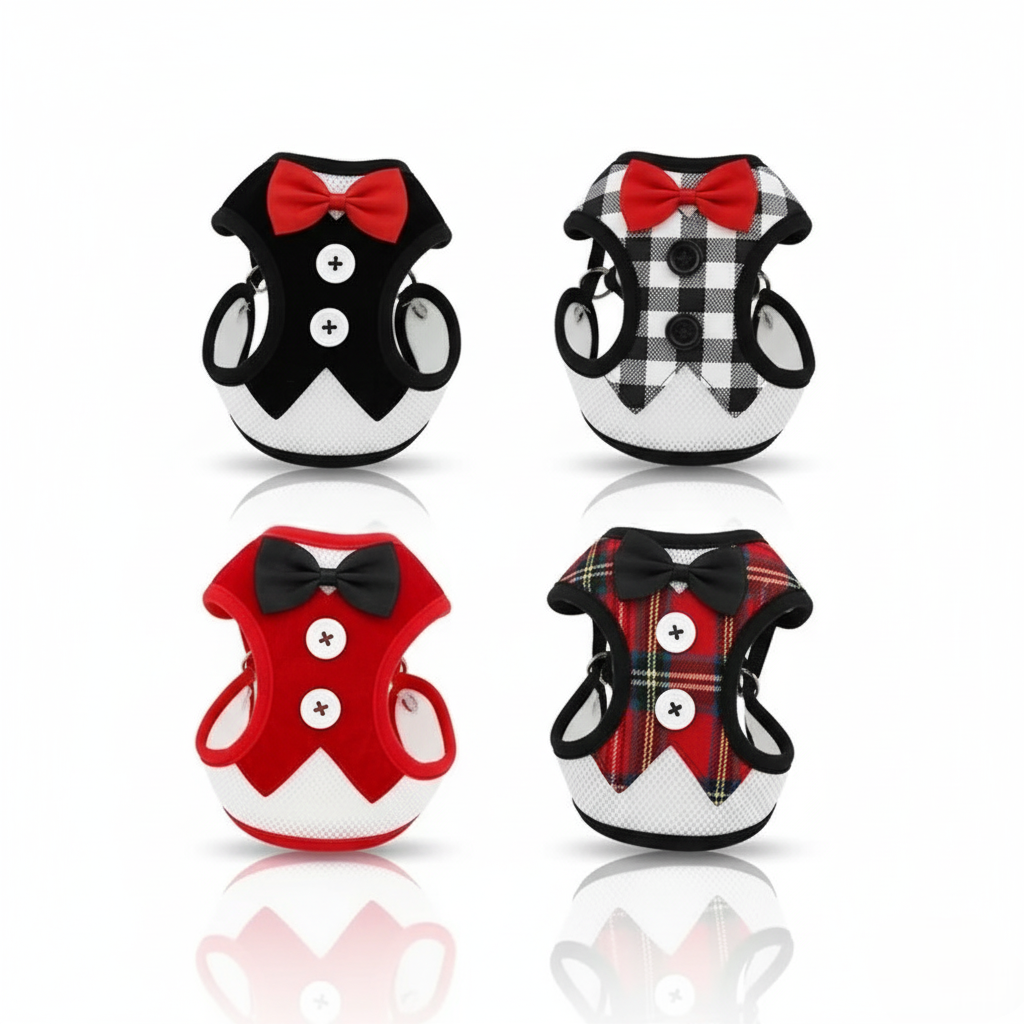 Four pet harnesses with bow ties in different patterns on a white background