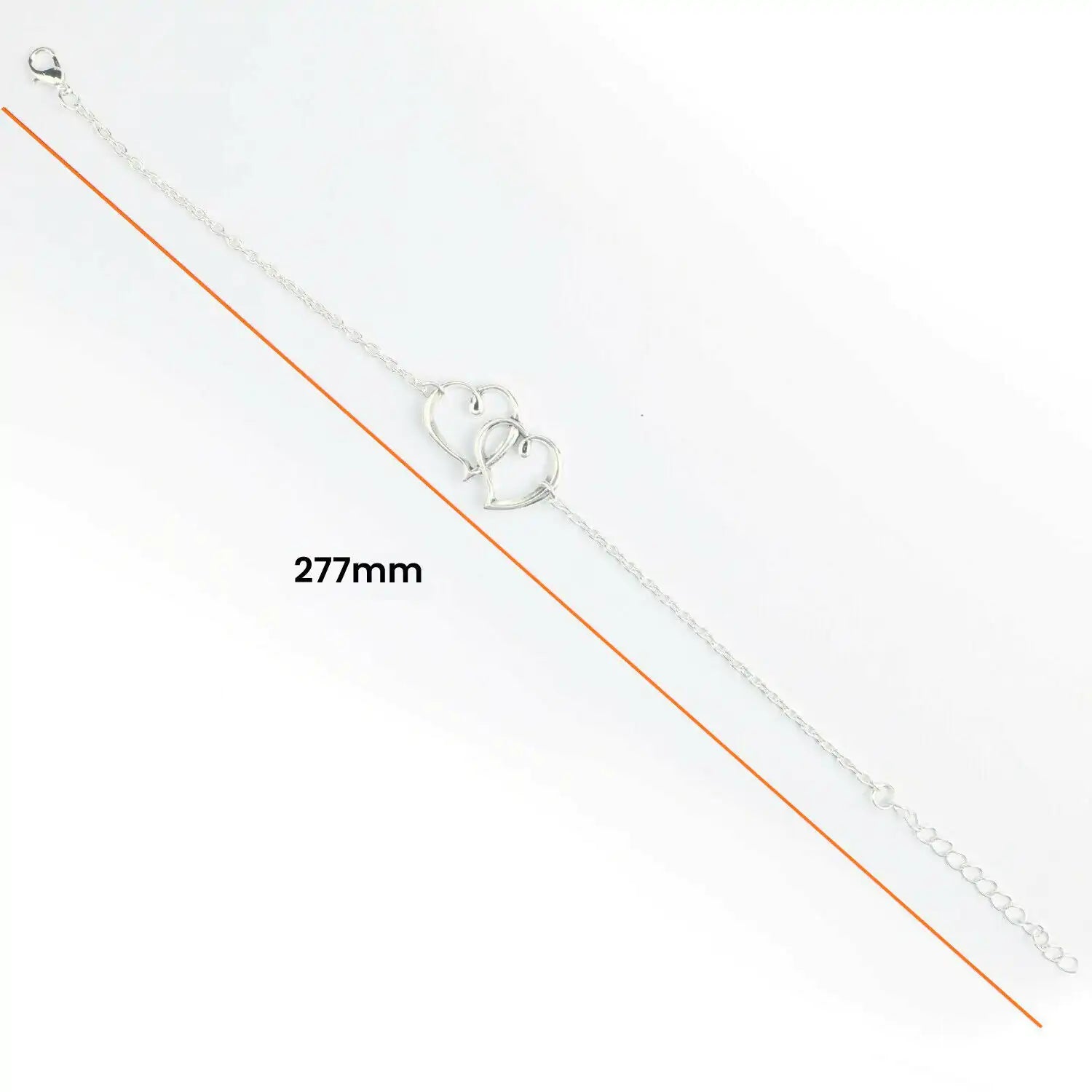 Silver bracelet with a heart-shaped clasp on a white background, showing measurement '277mm'.