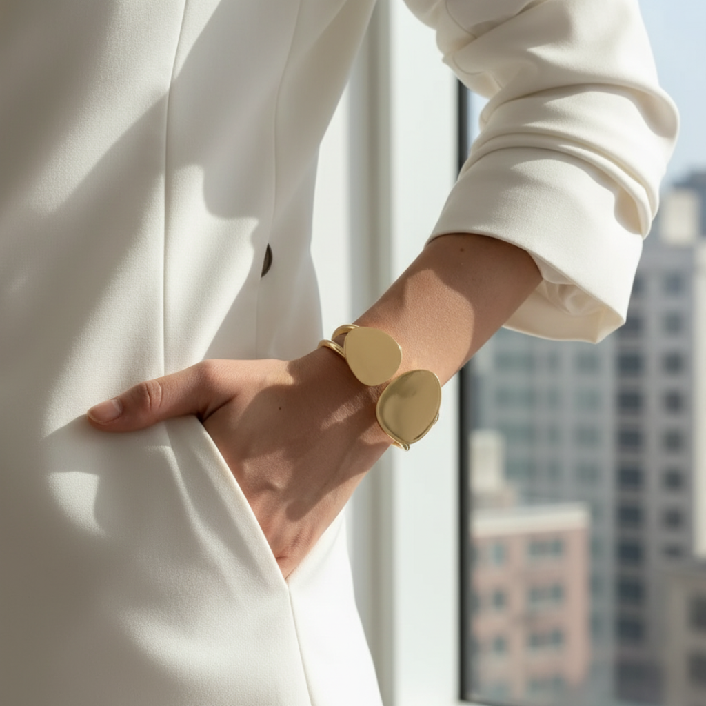 Person wearing a gold bangel with a cityscape in the background