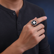 GUARDIAN STAR SIGNET Ring - Titanium signet ring with polished star on textured field