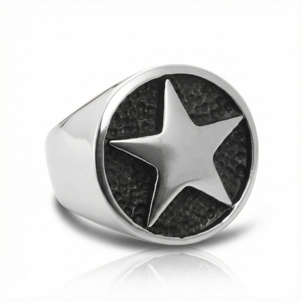 GUARDIAN STAR SIGNET Ring - Titanium signet ring with polished star on textured field