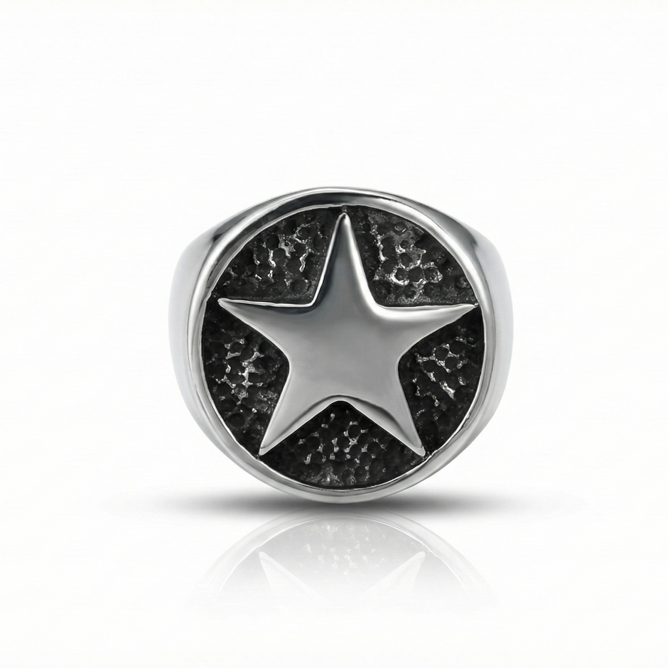 Silver ring with star design on a white background