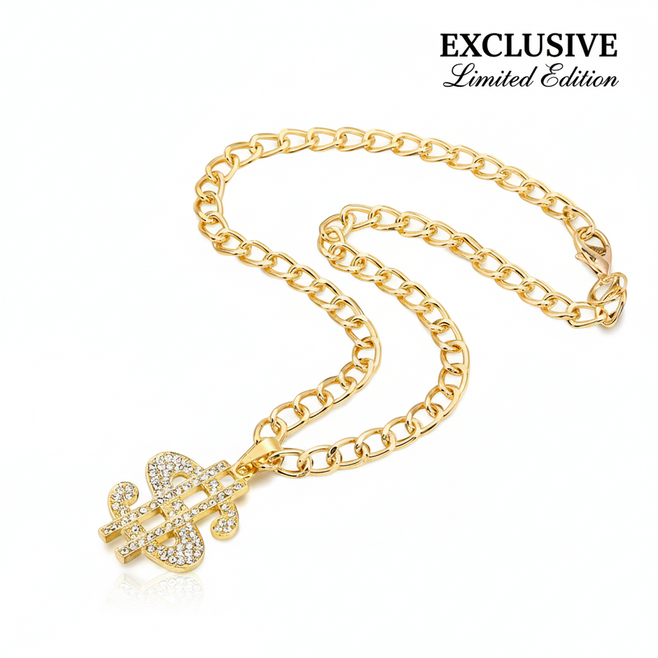 Gold chain necklace with a unique pendant on a white background, labeled 'Exclusive Limited Edition'.