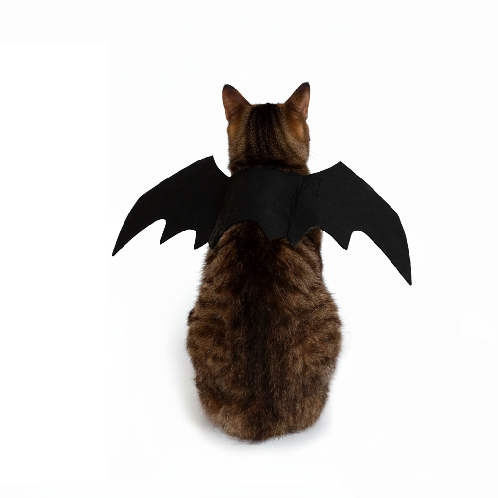 Cat wearing black bat wings on a white background