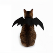 Cat wearing black bat wings on a white background
