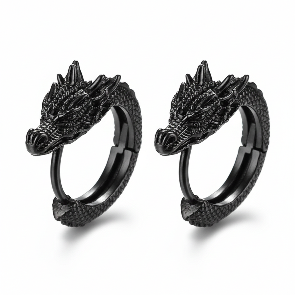 Black dragon-shaped hoop earrings on a white background