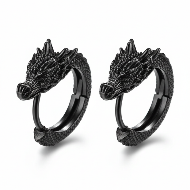 Black dragon-shaped hoop earrings on a white background