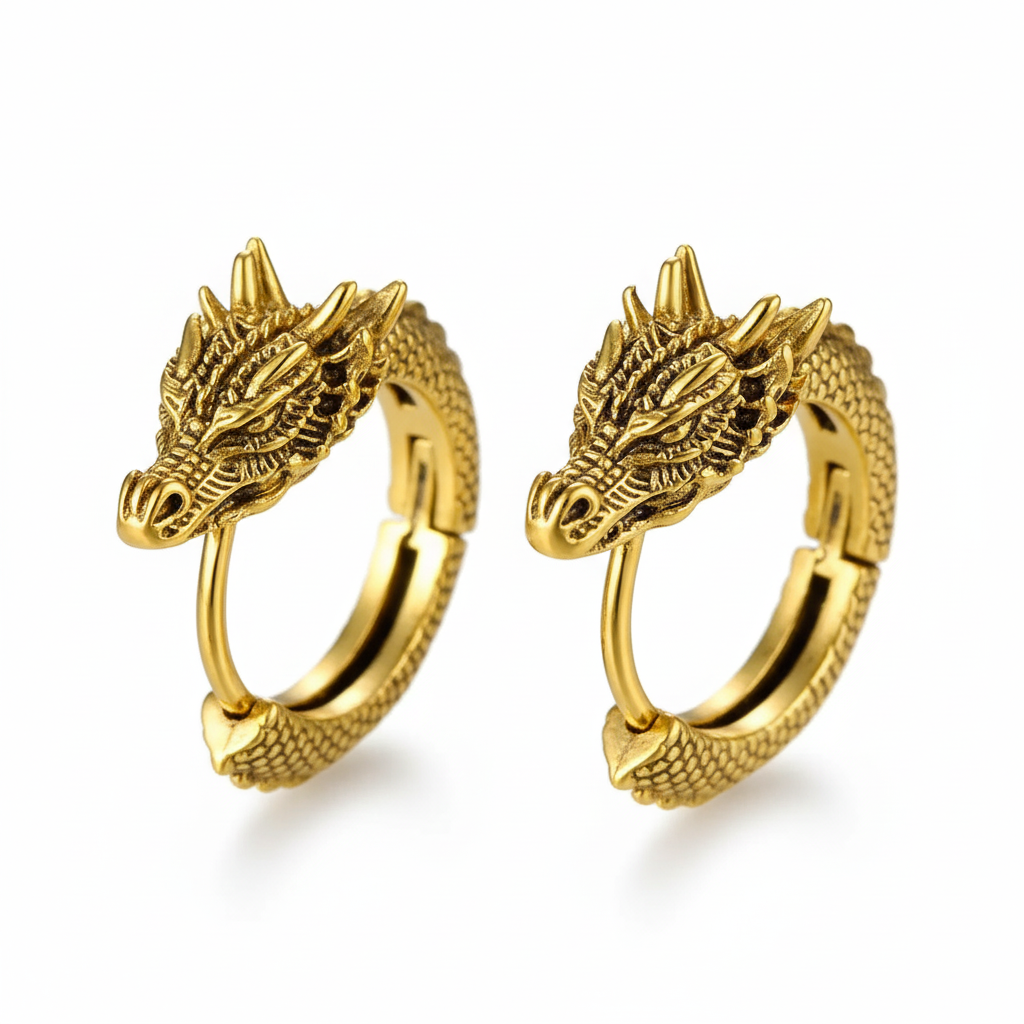 Gold dragon hoop earrings on a white background