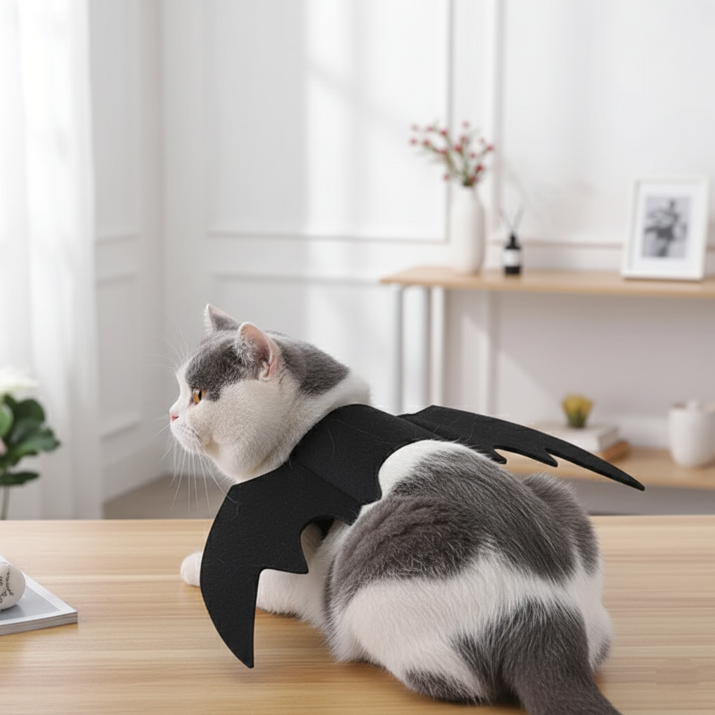 Cat wearing a black shark fin costume on a wooden table.
