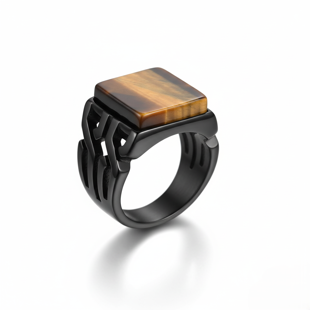 Black ring with a square tiger's eye stone on a white background