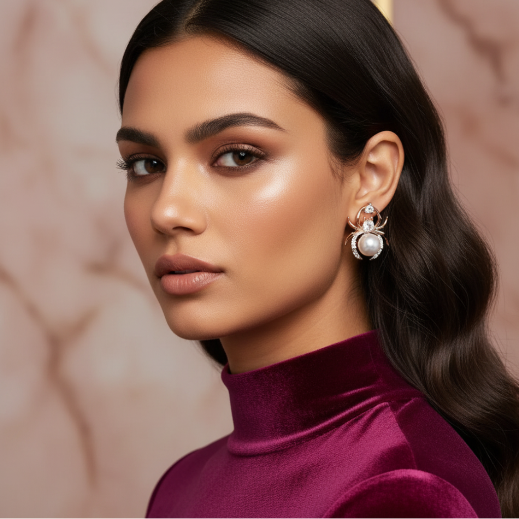 Woman wearing a purple turtleneck and pearl earrings against a textured beige background