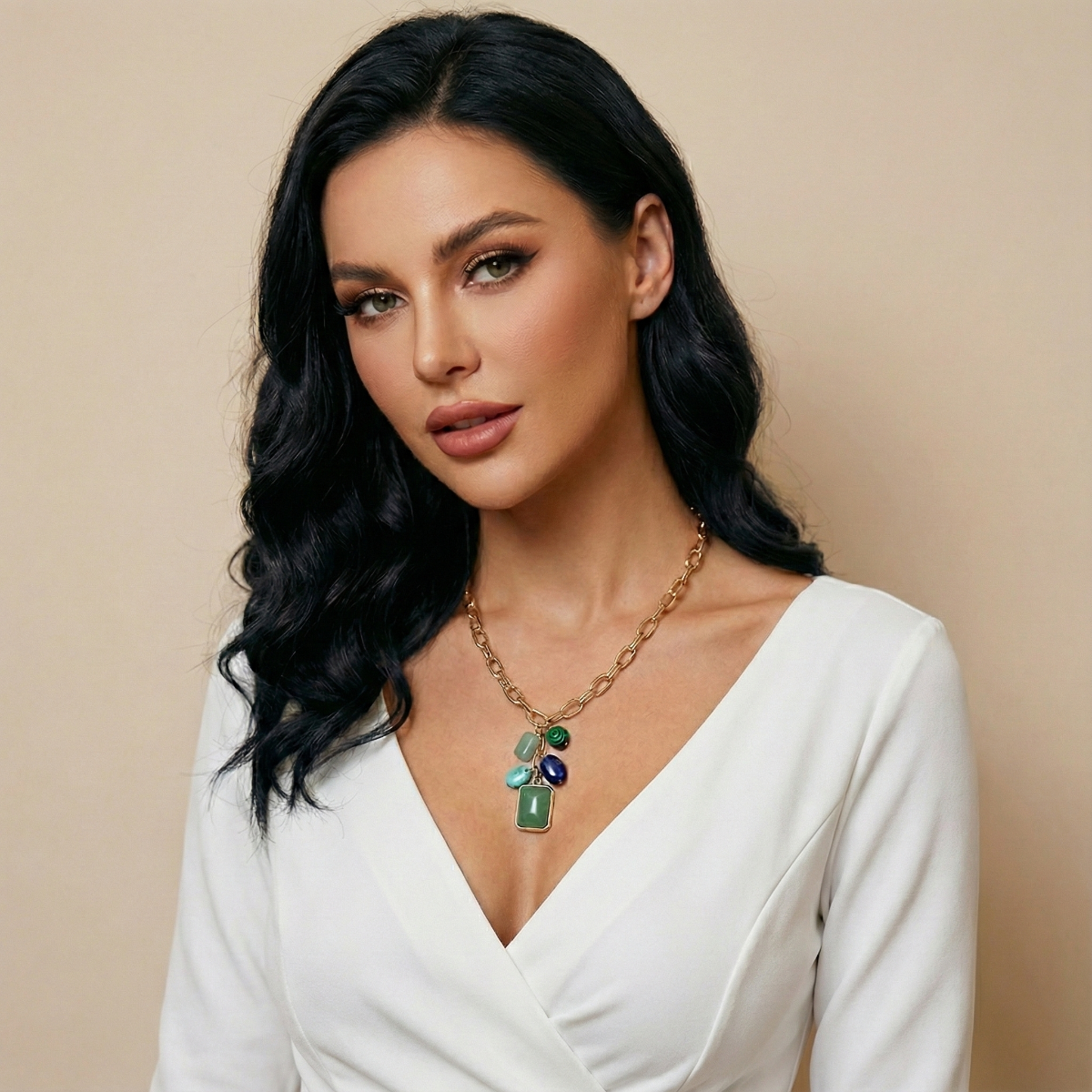 Urban Icon Necklace | Gold Statement Chain with green Stone Pendant