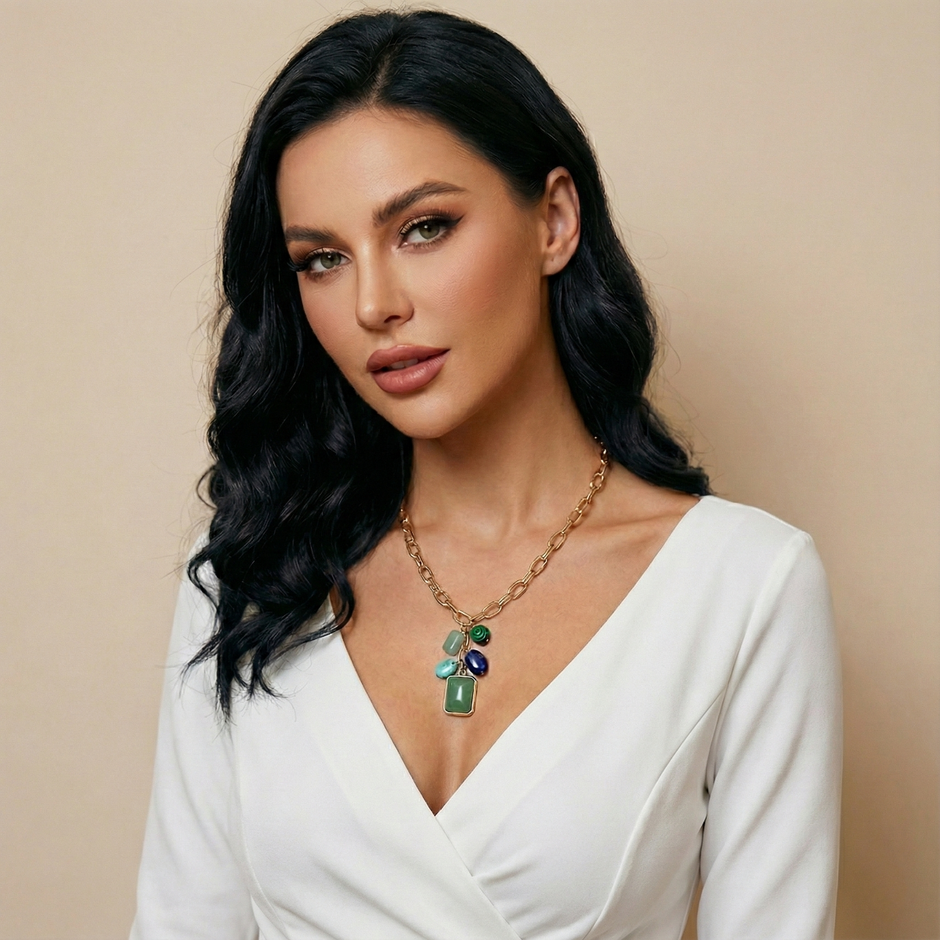 Urban Icon Necklace | Gold Statement Chain with green Stone Pendant