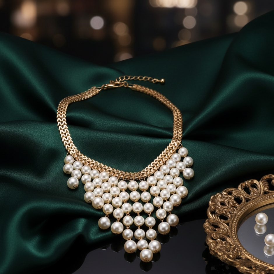 Gold and pearl necklace on green fabric with blurred lights in the background
