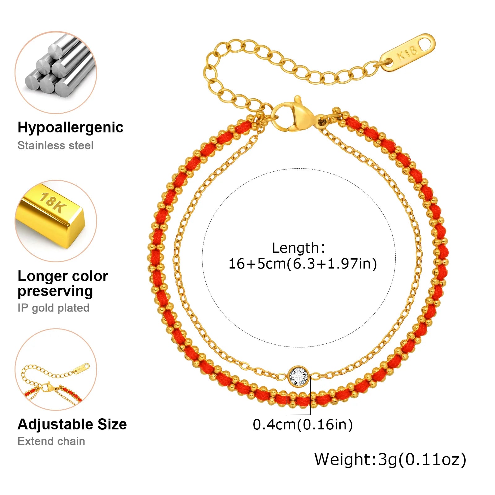 Gold and red beaded bracelet with adjustable chain on a white background