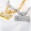 Gold and silver chains with rectangular pendants on a white background