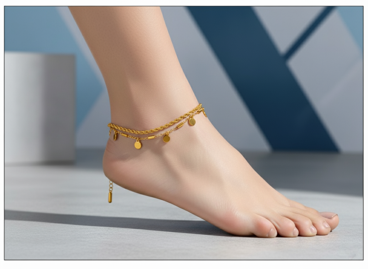 Gold anklet on a foot against a neutral background